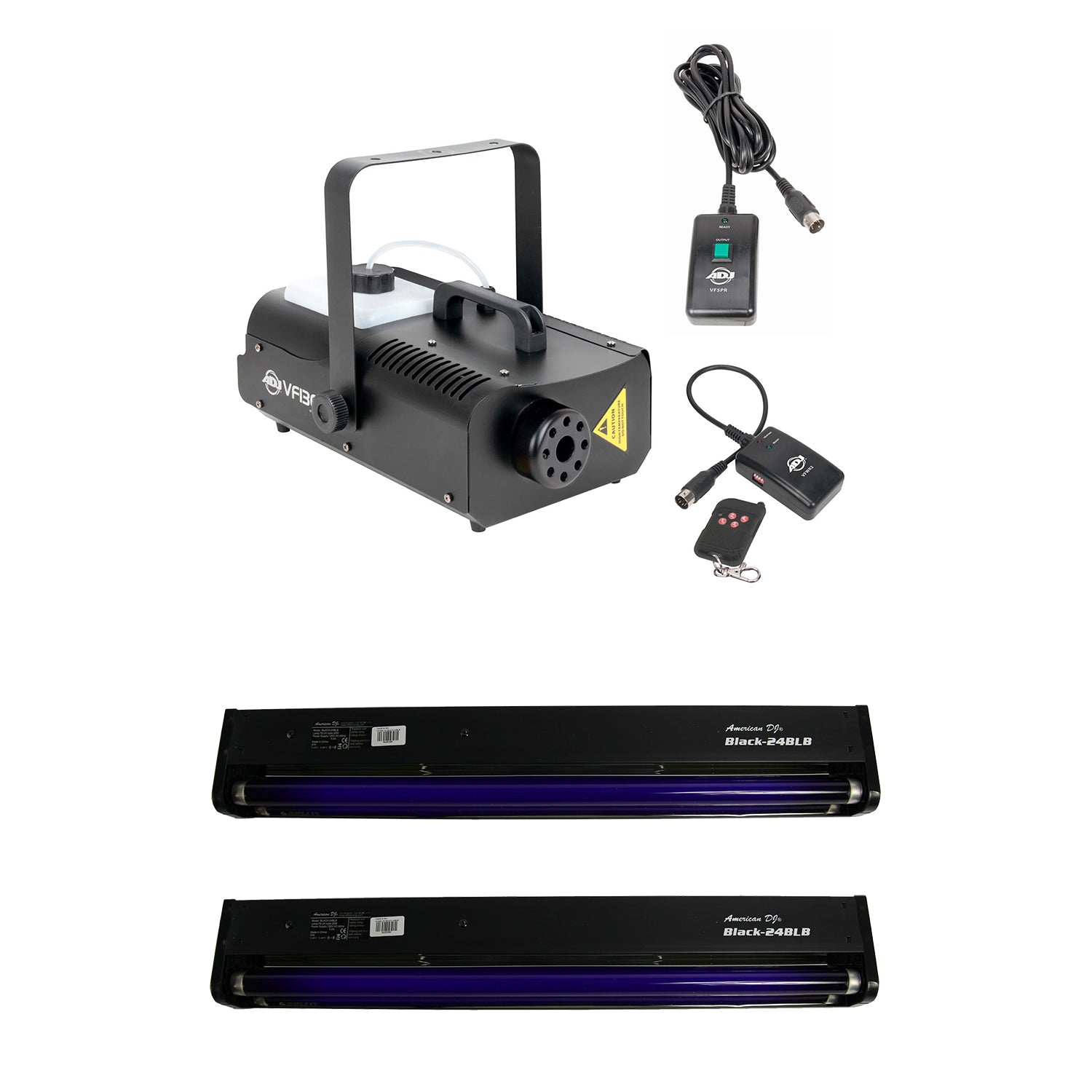 American DJ 2.3 L Fog Machine w/ Remote Controls, 24in Black Light Tube (2 Pack)