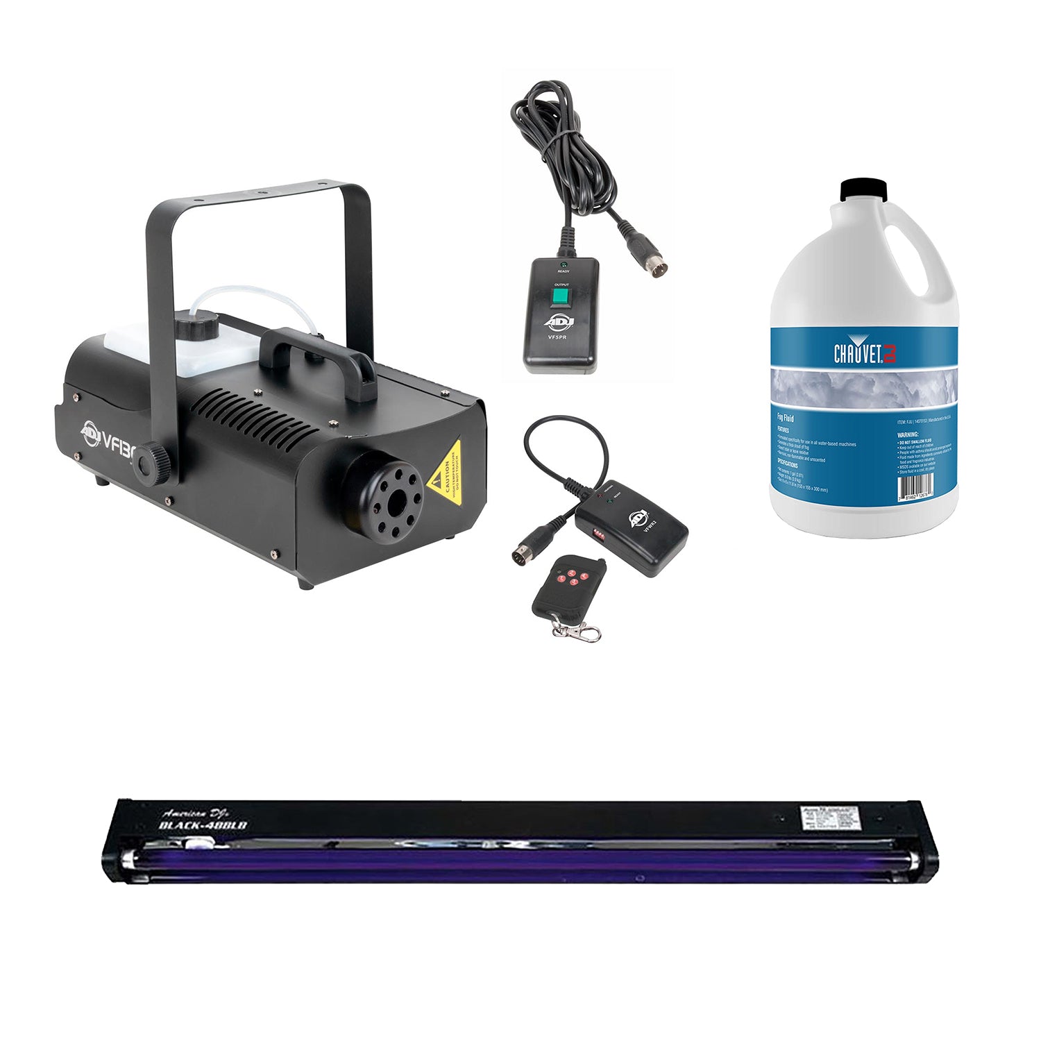 American DJ 2.3 L Tank Mobile Fog Machine, 48 Inch Black Light, & 1 Gallon Fluid