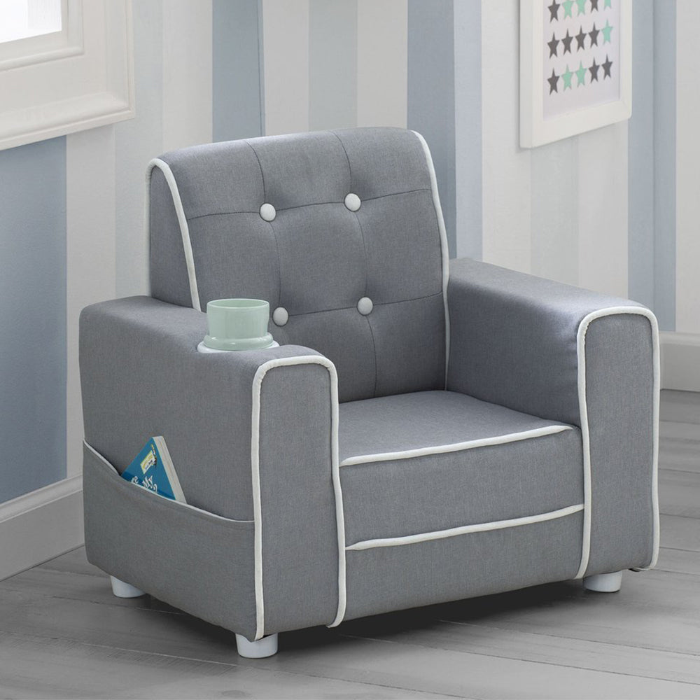 Delta Children Chelsea Kids Upholstered Chair with Cup Holder, Gray (Open Box)