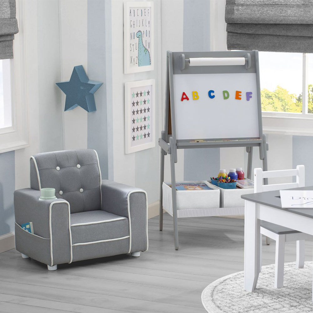 Delta Children Chelsea Kids Upholstered Chair with Cup Holder, Gray (Open Box)