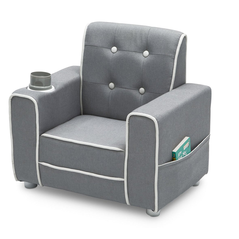 Delta Children Chelsea Kids Upholstered Chair with Cup Holder, Gray (Open Box)
