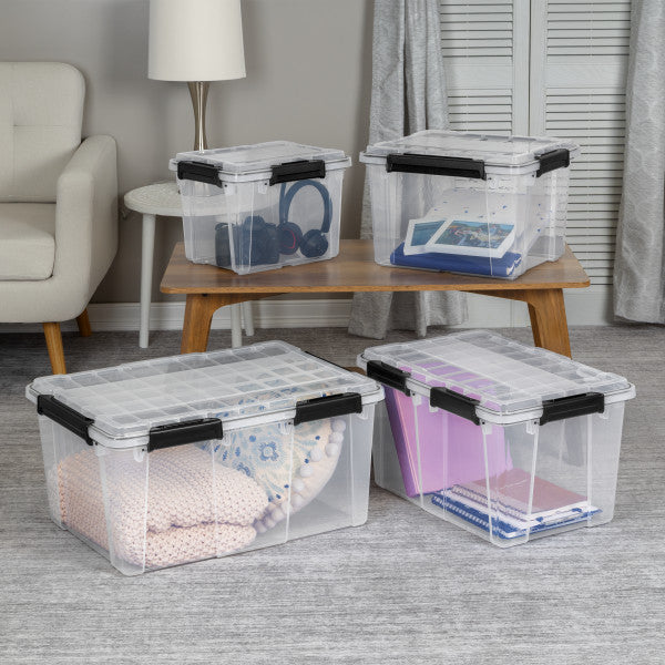 Sterilite 34 Qt Gasket Box, Stackable Storage Container with Lids, Black, 8 Pack - VMInnovations