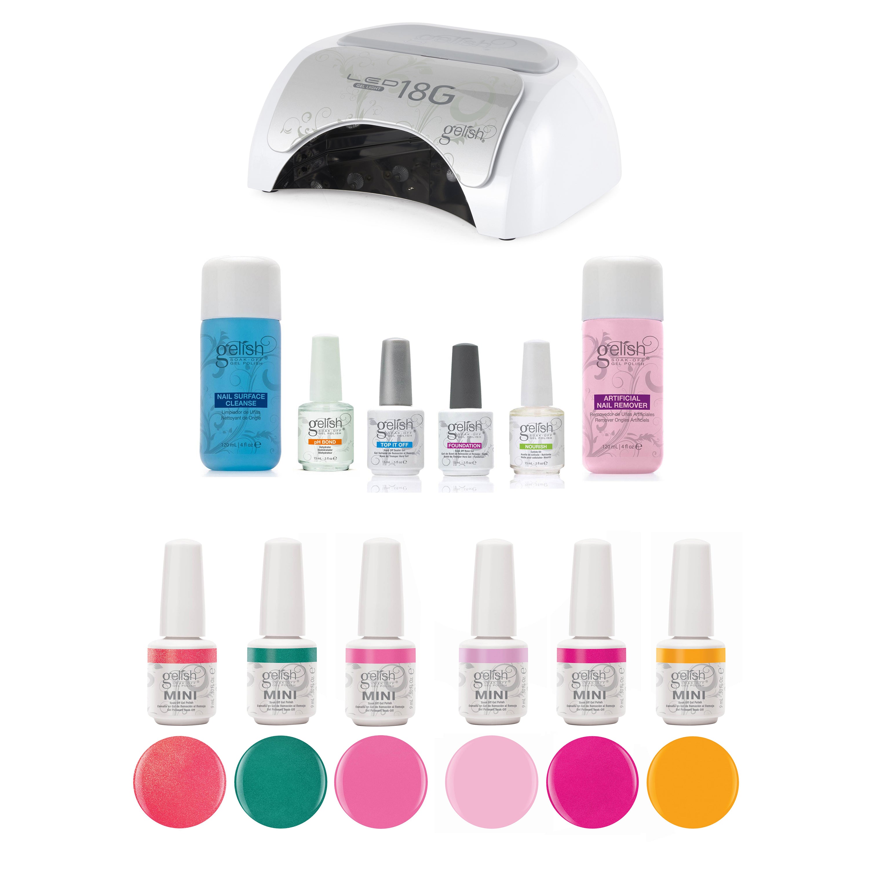 Gelish Dryer Cure LED Lamp with Basix Care Kit and 6 Neon Street Beat Polishes - VMInnovations