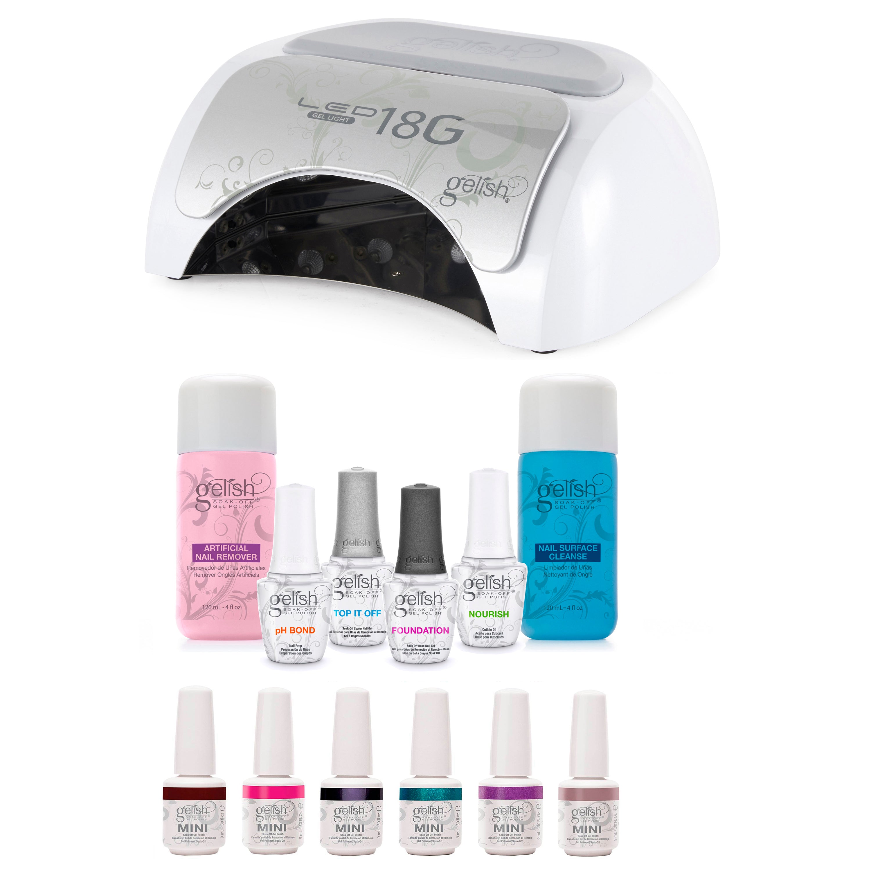 Gelish 18G Gel LED Light + Full Basix Gel Nail Polish Kit + 6 Pack Gel Polish - VMInnovations
