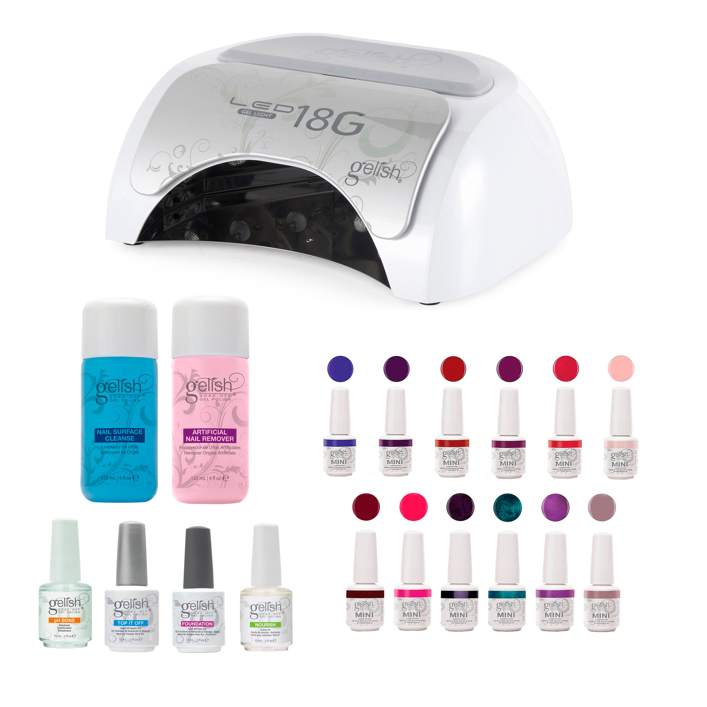 Gelish Harmony Salon Gel Nail Polish Cure LED Lamp & Basix Care Kit & 12 Colors - VMInnovations