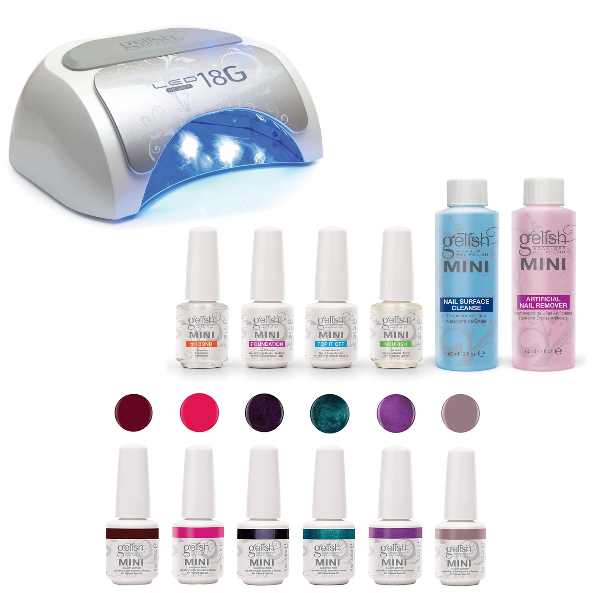 Gelish 18G Gel LED Light + Mini Basix Gel Nail Polish Kit + 6 Pack Gel Polish - VMInnovations
