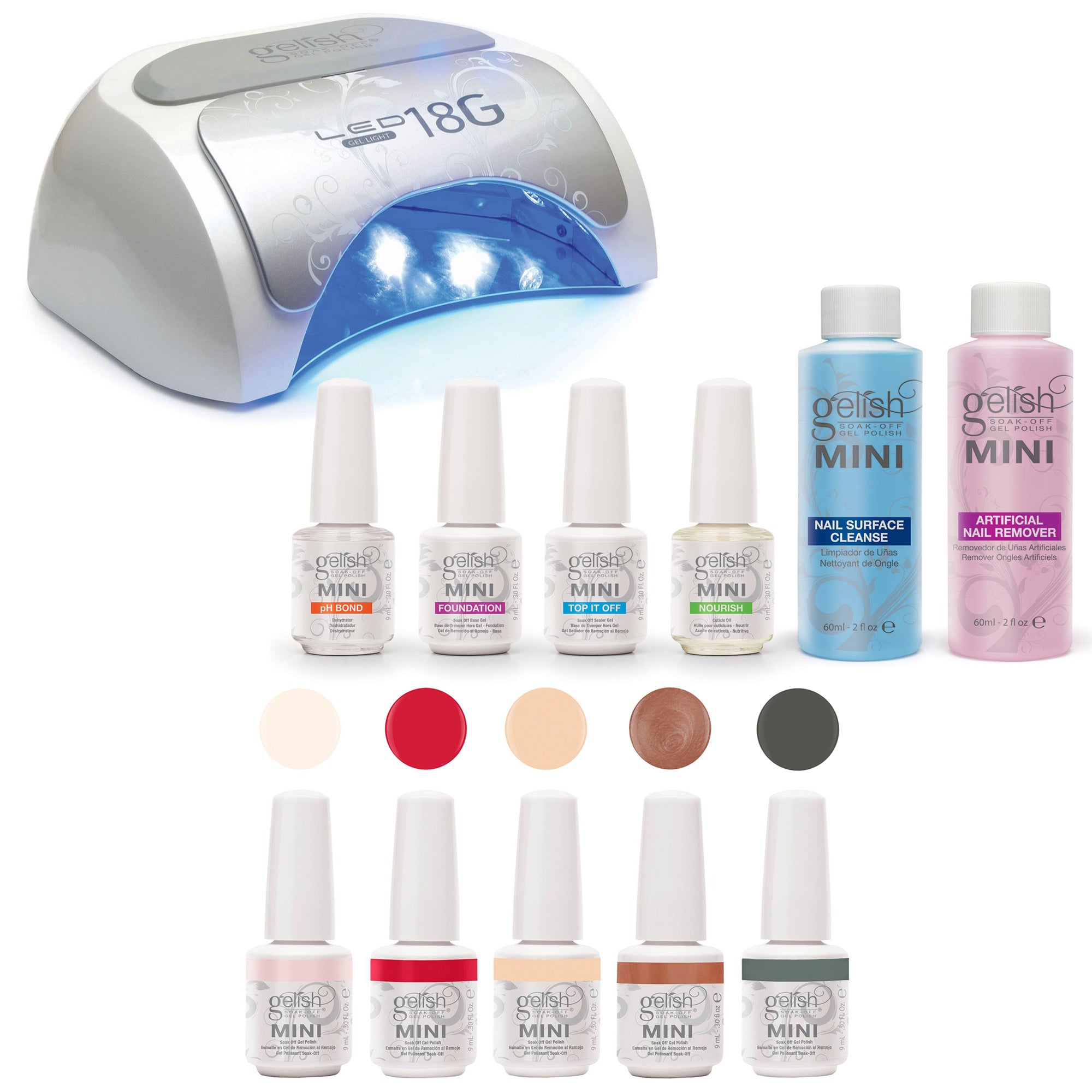 Gelish 18G Gel LED Light + Mini Basix Gel Nail Polish Kit + 5 Pack Gel Polish - VMInnovations