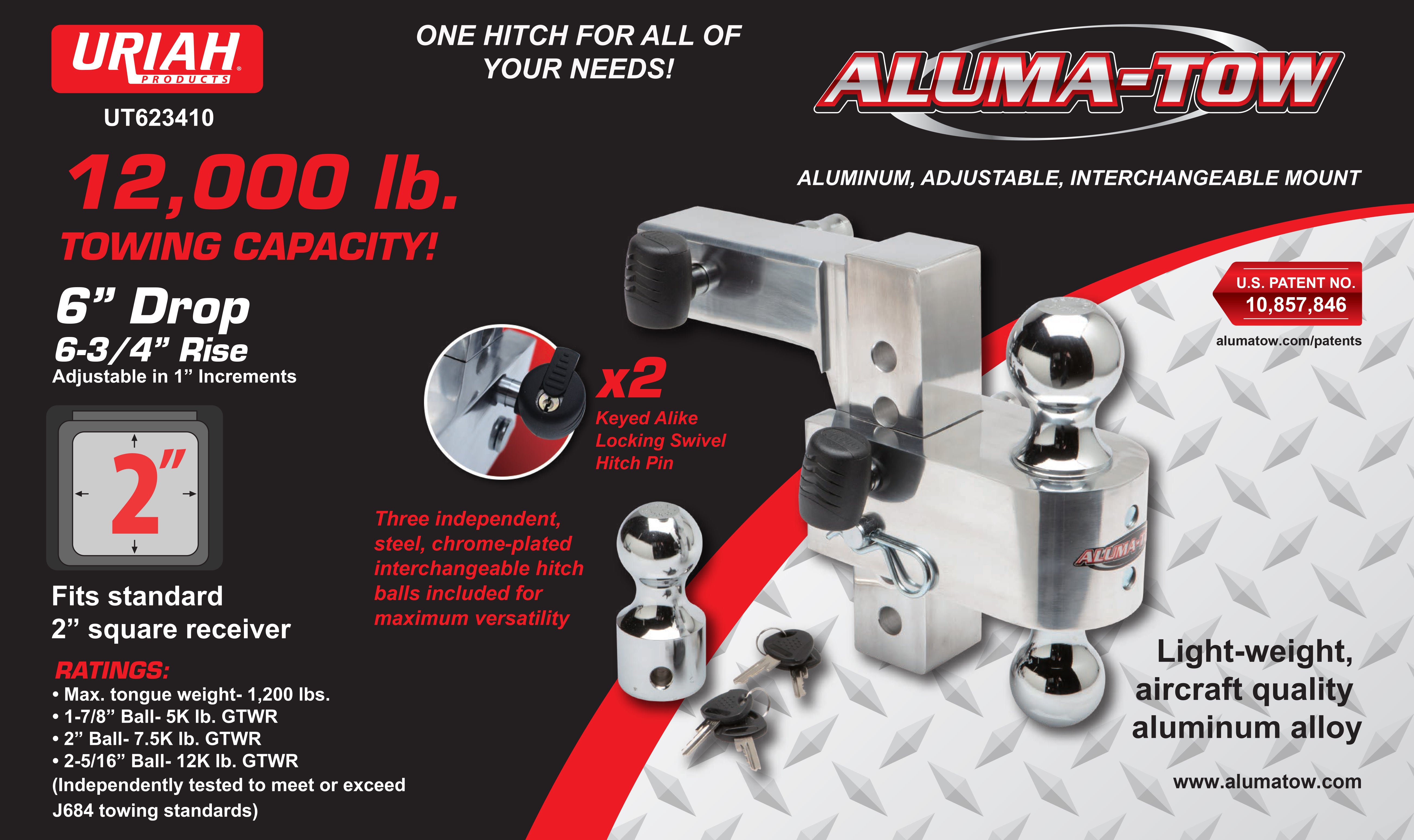 Uriah AlumaTow Adjustable Aluminum Tow Trailer Hitch Mount 6 Inch Drop (2 Pack) - VMInnovations