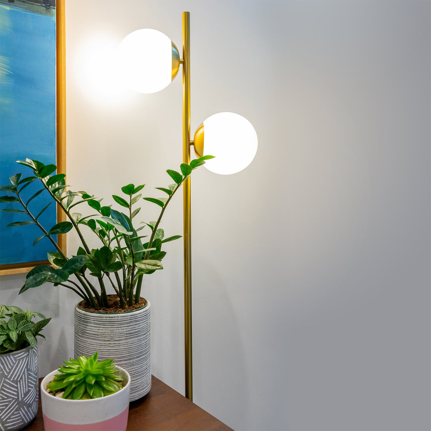 Brightech Sphere Light Standing Floor Lamp with LED Bulbs, Gold Brass (Used)