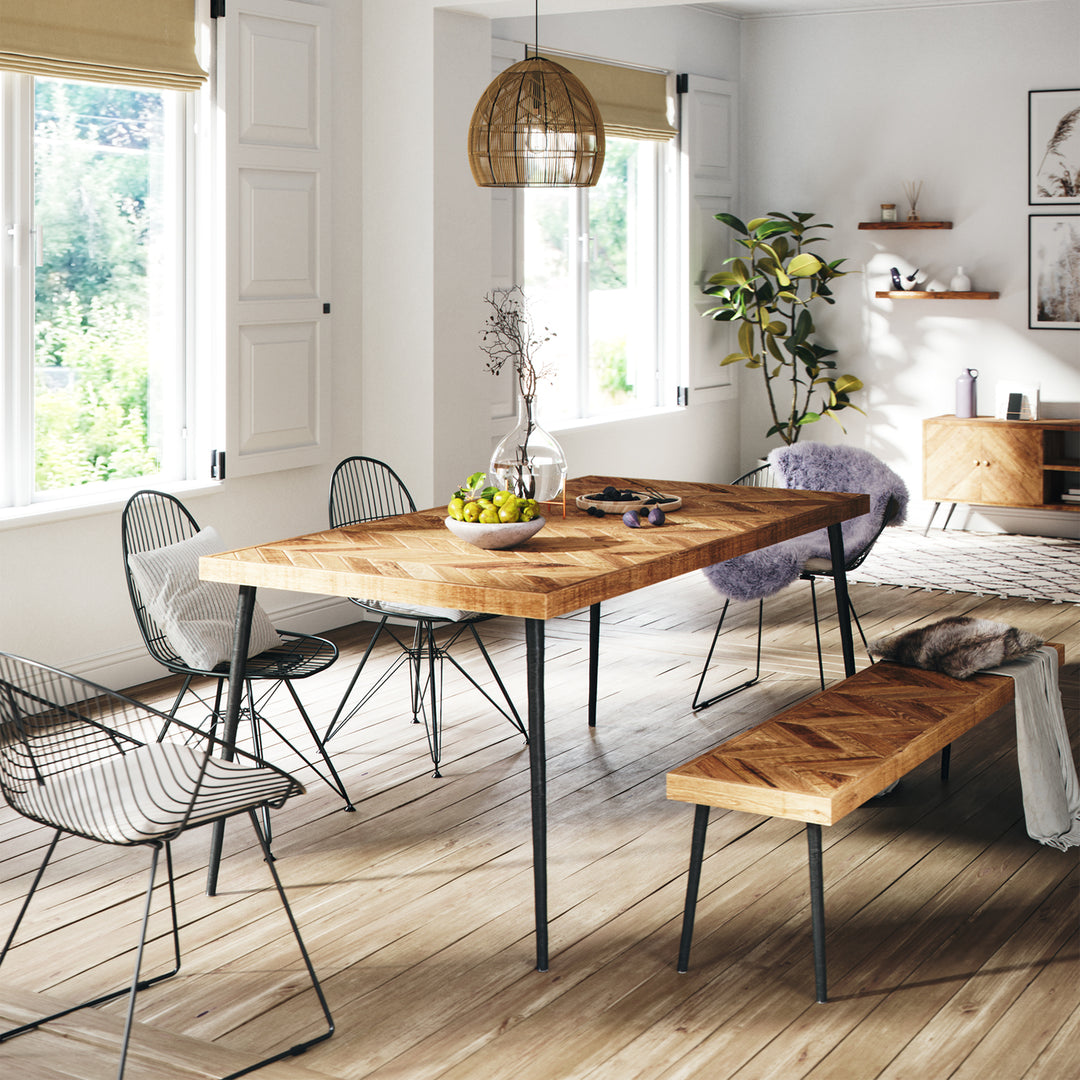 Mindful Living Rustic Mid Century Modern Wood & Iron Chevron Dining Table (Used)
