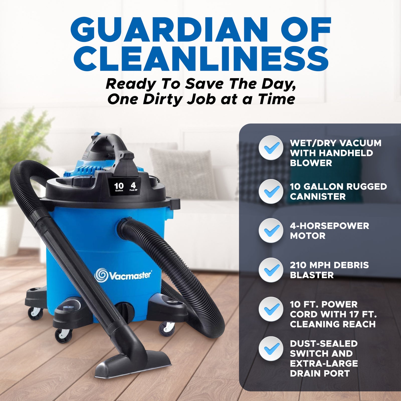 Vacmaster 10 Gallon 4 Peak Horsepower 2 in 1 Wet/Dry Vacuum w/ Detachable Blower - VMInnovations