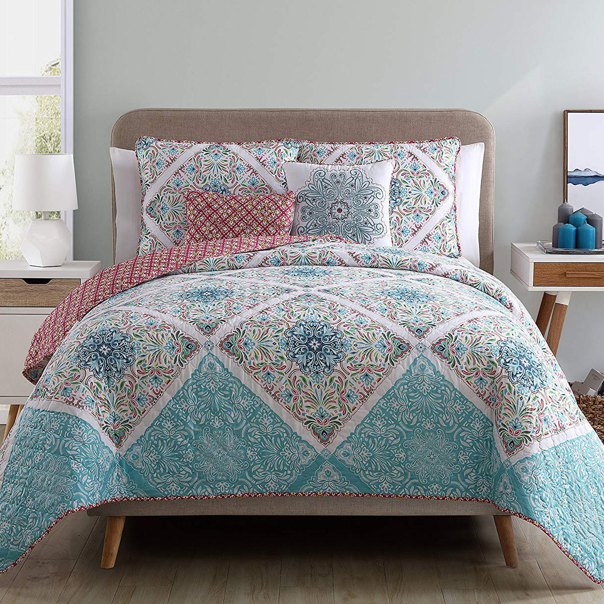 VCNY Home Windsor Floral Pink 5 Piece Reversible Bed Quilt Set, King (Open Box)