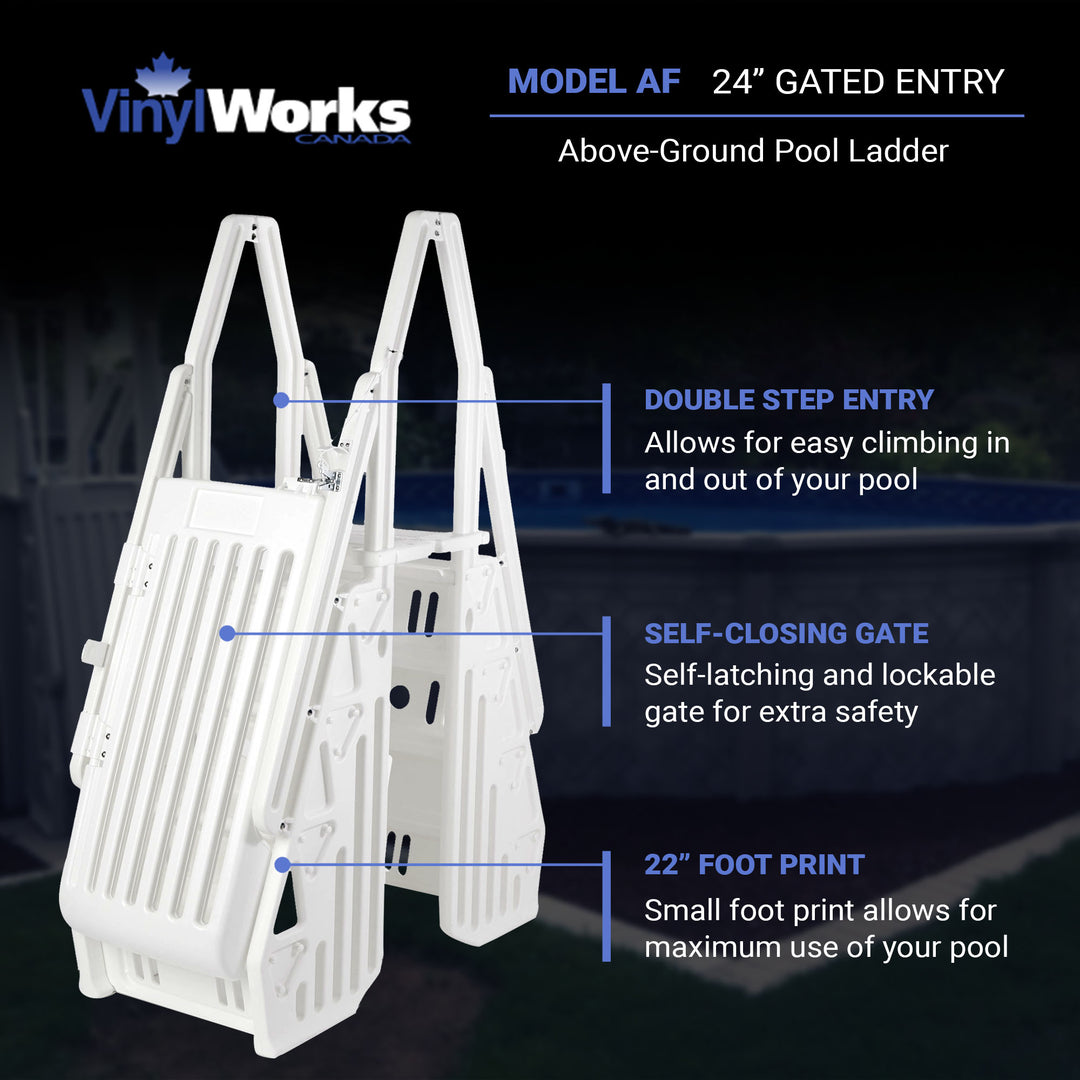 Vinyl Works AF Adjustable 24 Inch Gated Entry Above Ground Pool Ladder, White - VMInnovations