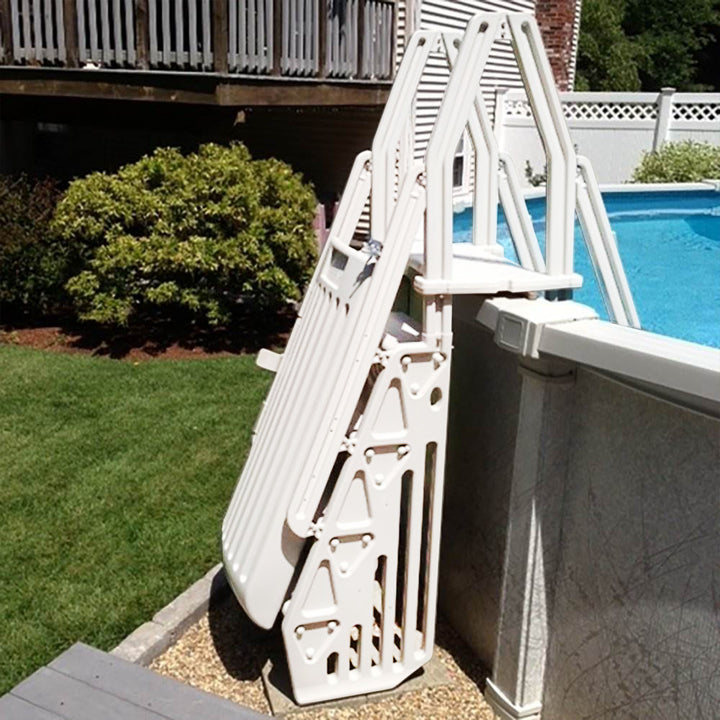 Vinyl Works AF Adjustable 24 Inch Gated Entry Above Ground Pool Ladder, White - VMInnovations