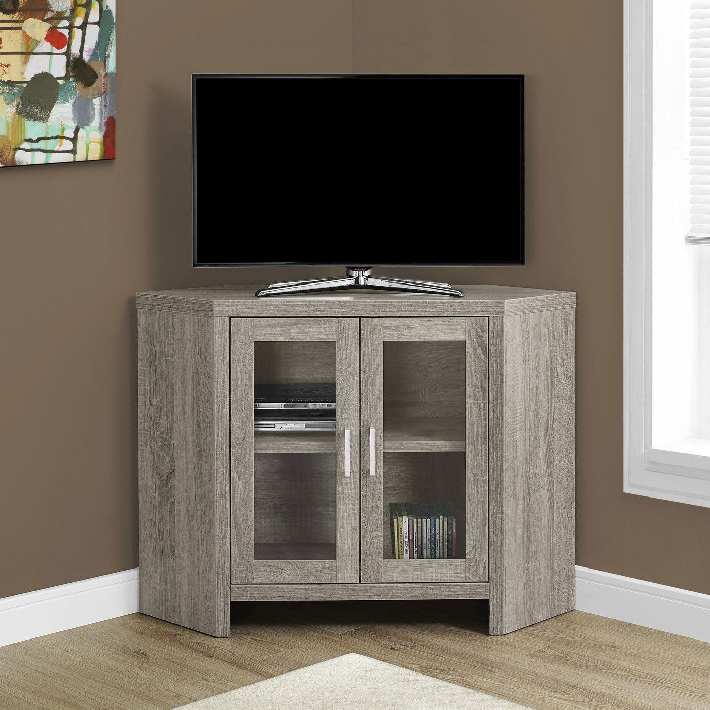 Monarch Specialties Modern Corner Television Stand with Glass Doors, Dark Taupe