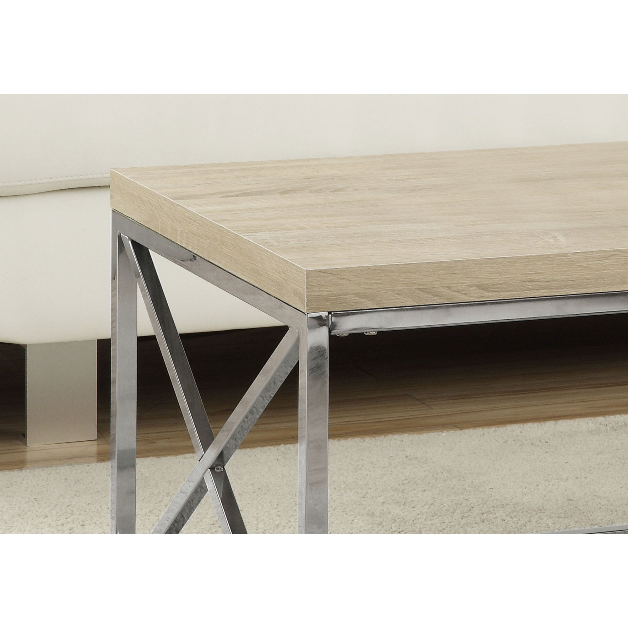 Monarch Natural Wood-Look Finish Chrome Metal Contemporary Design Coffee Table - VMInnovations