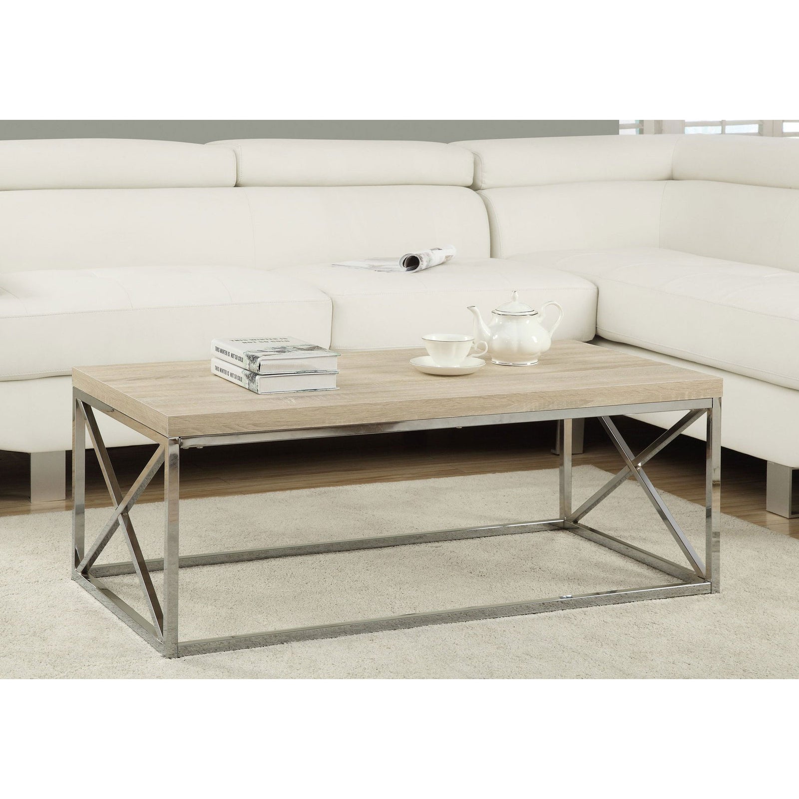 Monarch Natural Wood-Look Finish Chrome Metal Design Coffee Table (Used) - VMInnovations