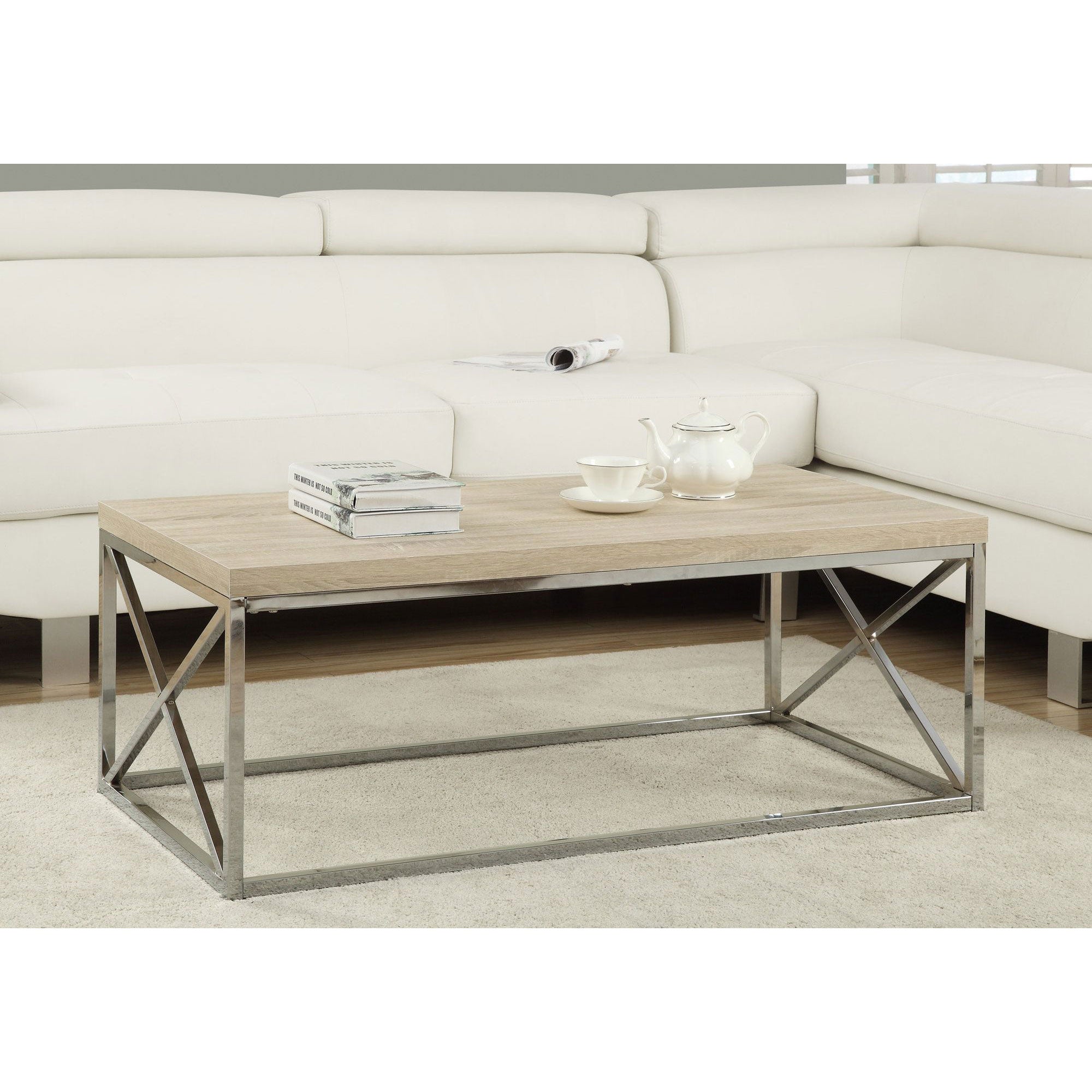 Monarch Natural Wood-Look Finish Chrome Metal Contemporary Design Coffee Table - VMInnovations