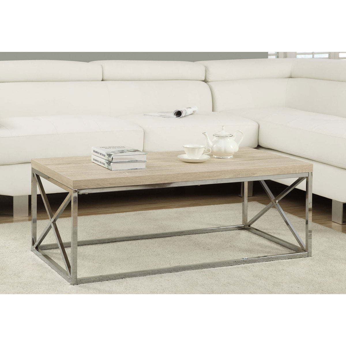 Monarch Natural Wood-Look Finish Chrome Metal Design Coffee Table (Used) - VMInnovations