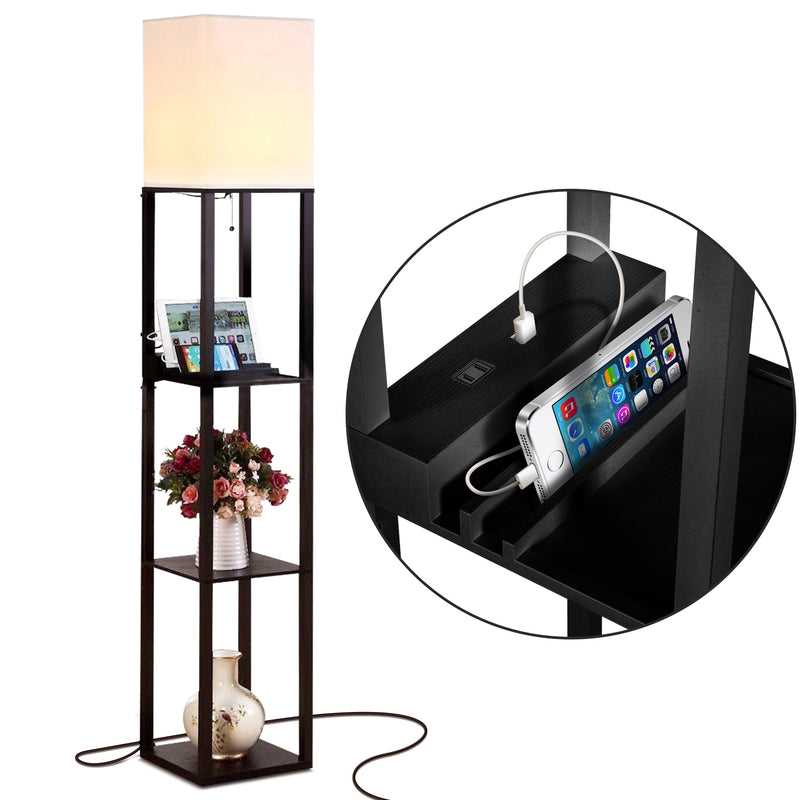 Brightech Maxwell Standing Tower Floor Lamp with Shelves and USB Port, Black