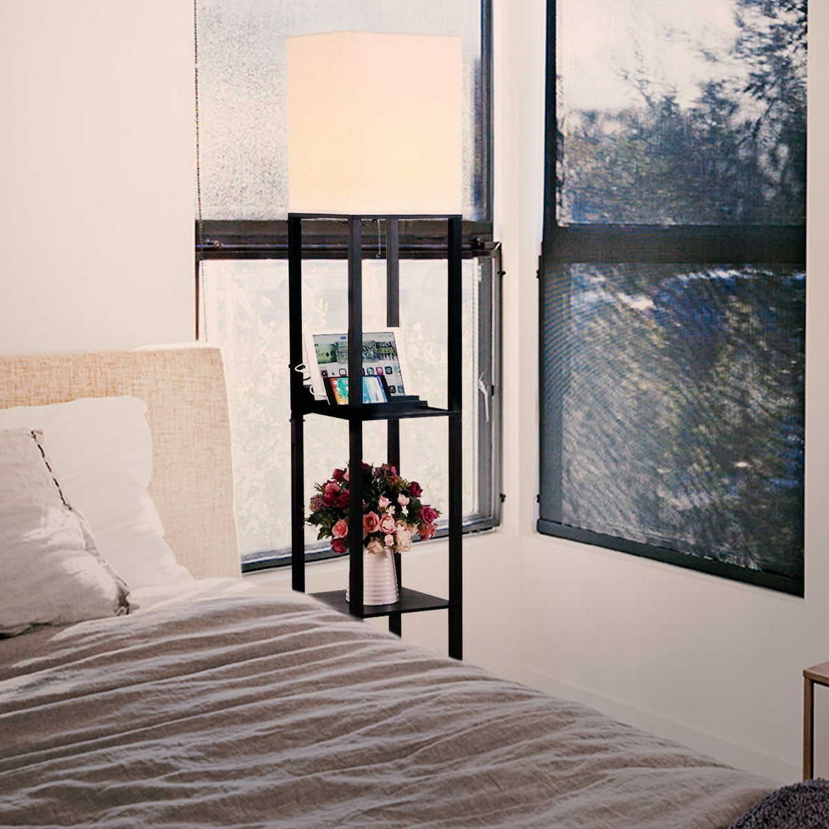 Brightech Maxwell Tower Floor Lamp with Shelves and USB Port, Black (Open Box)