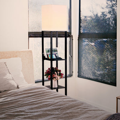 Brightech Maxwell Tower Floor Lamp with Shelves and USB Port, Black (Open Box)