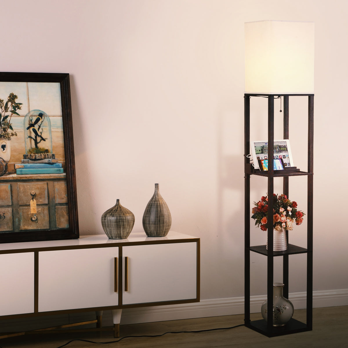 Brightech Maxwell Tower Floor Lamp with Shelves and USB Port, Black (Open Box)