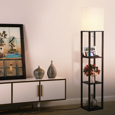 Brightech Maxwell Tower Floor Lamp with Shelves and USB Port, Black (Open Box)