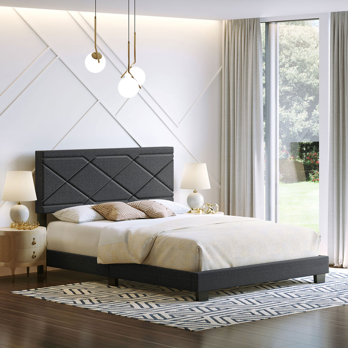 Boyd Sleep Boullion Linen Upholstered Queen Platform Bed Frame, Charcoal Grey - VMInnovations