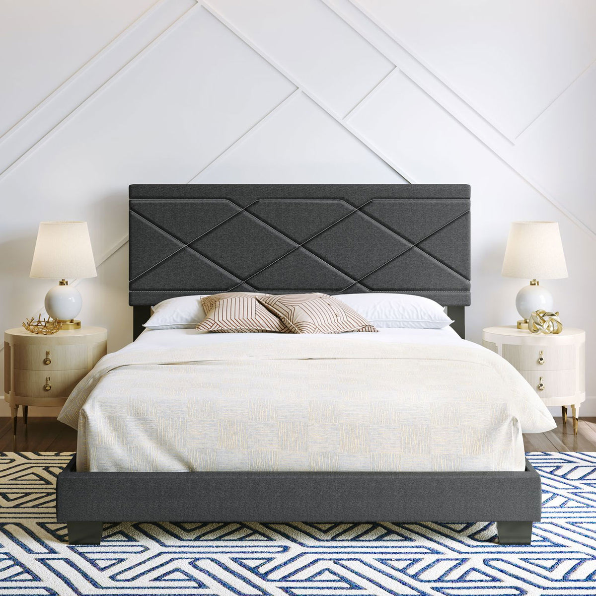 Boyd Sleep Boullion Linen Upholstered Queen Platform Bed Frame, Charcoal Grey - VMInnovations