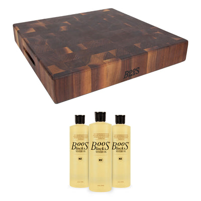 John Boos Walnut Reversible 18 x 18" Cutting Board & 3 Piece Maintenance Oil Set