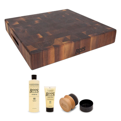 John Boos Walnut Wood Reversible 18 x 18" Chopping Block and Maintenance Set