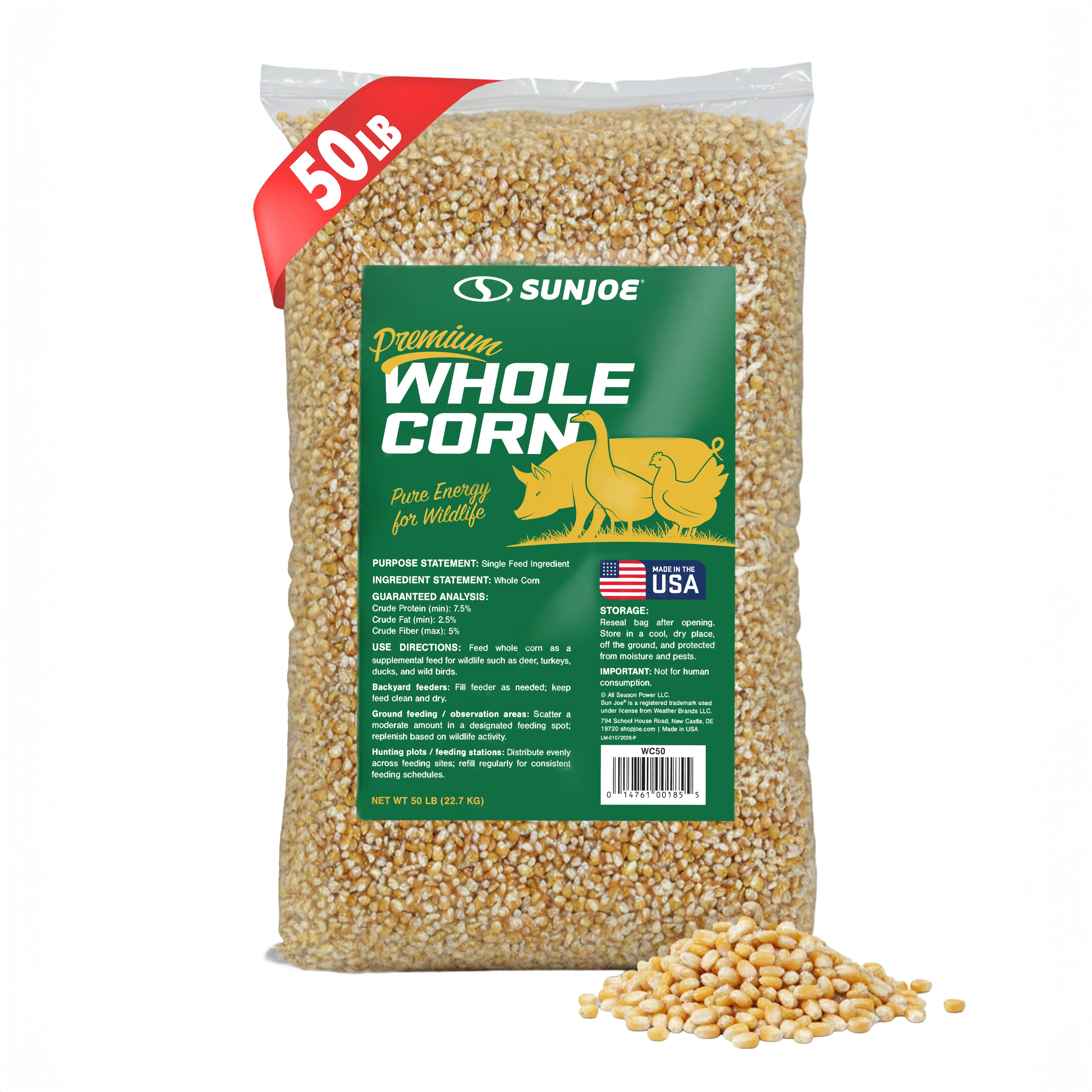 Sun Joe Whole Corn, All Season Feed for Wildlife and Outdoor Feeding, 50 lb Bag - VMInnovations