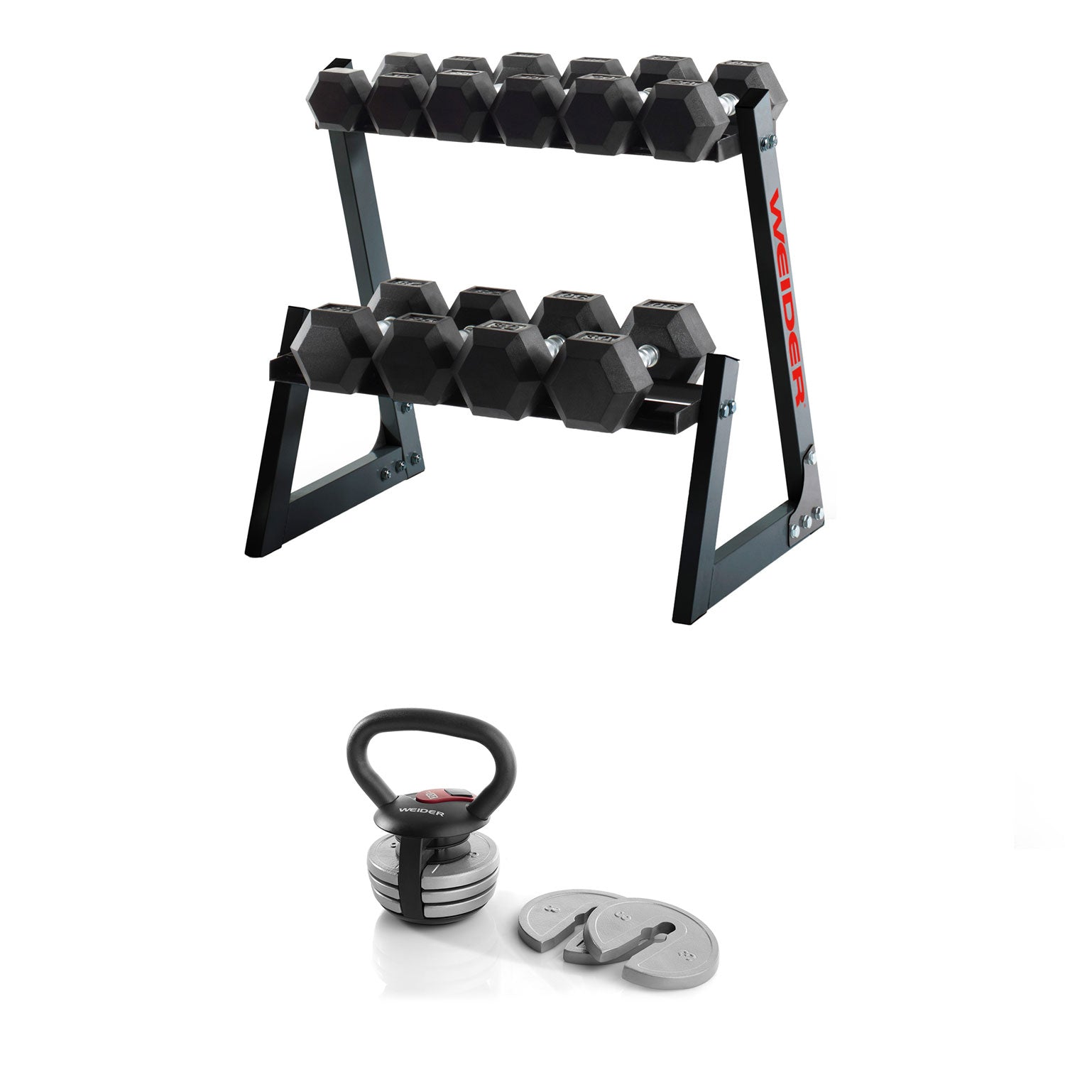 Weider 200-Pound Rubber Dumbbell Set with Rack + PowerBell 40 Pound Kettlebell - VMInnovations
