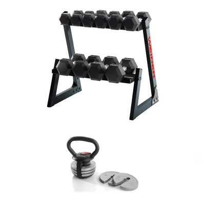 Weider 200-Pound Rubber Dumbbell Set with Rack + PowerBell 40 Pound Kettlebell - VMInnovations