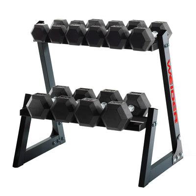 Weider 200-Pound Rubber Dumbbell Set with Rack + PowerBell 40 Pound Kettlebell - VMInnovations
