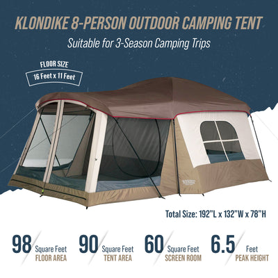 Wenzel Klondike 16' x 11' 8 Person Outdoor Camping Tent with Screen Room, Brown