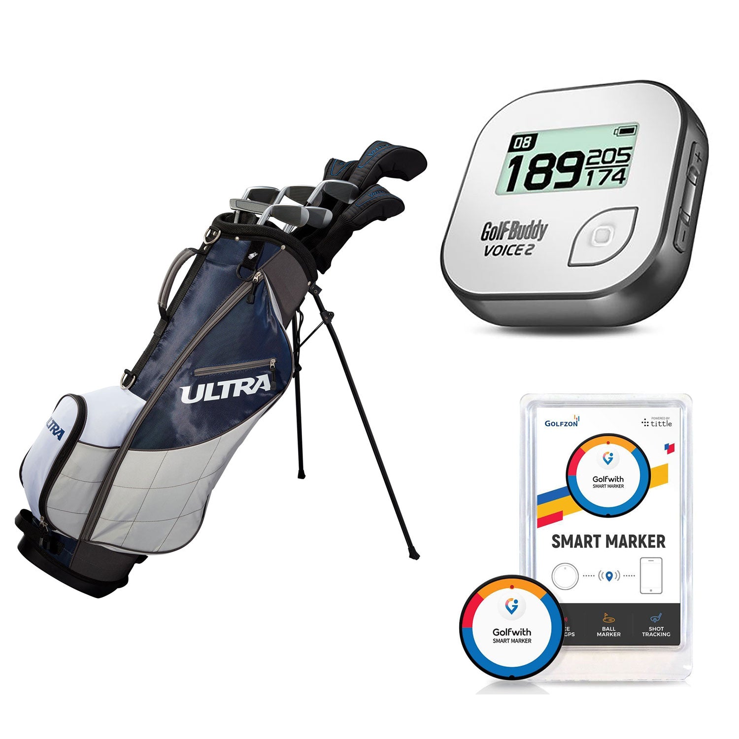 Wilson Men's Golf Club Set + Golf Buddy GPS Range Finder + Golfwith Smart Marker