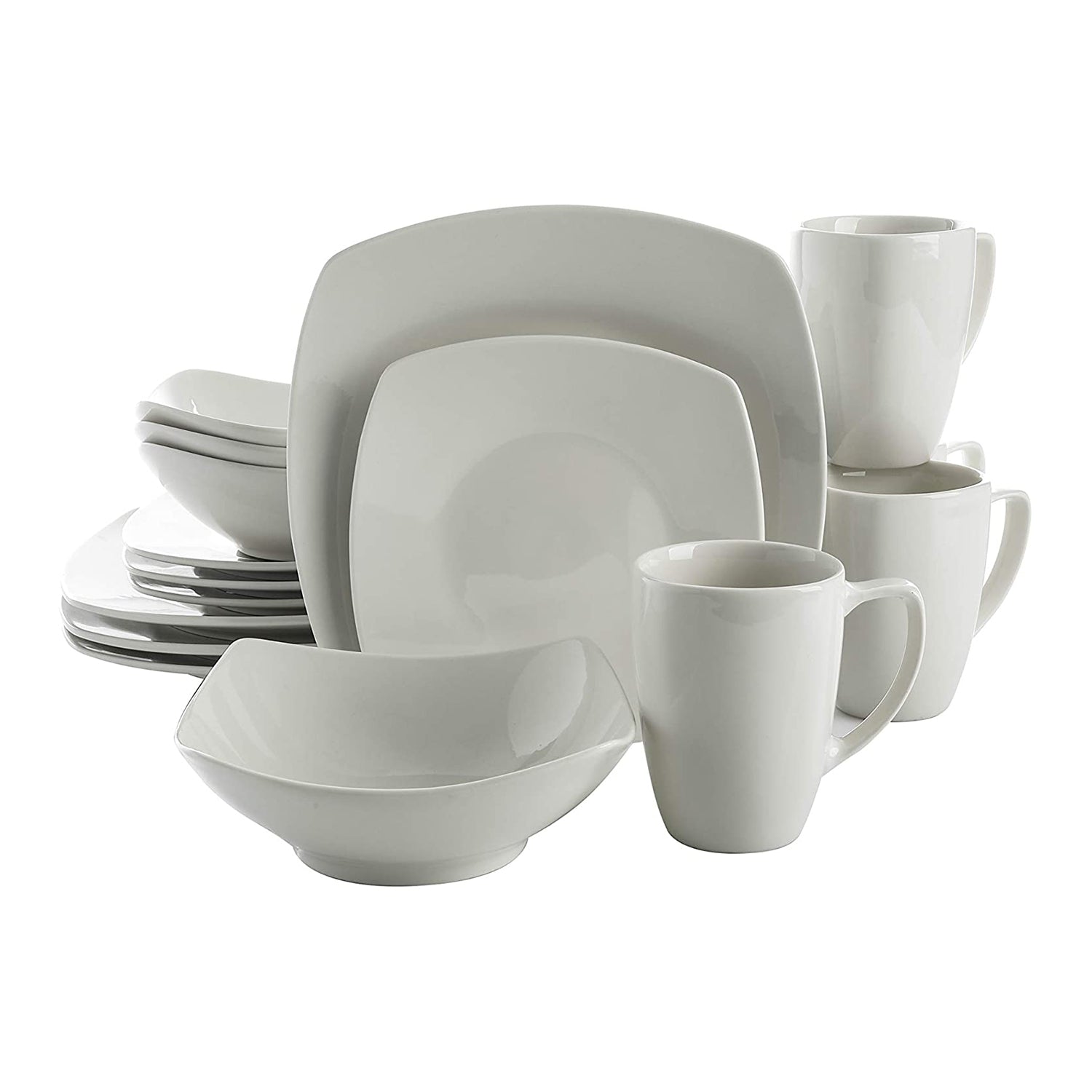 Gibson Zen Buffet 16 Piece Square Plates, Bowls, and Mugs Set, White (Open Box) - VMInnovations
