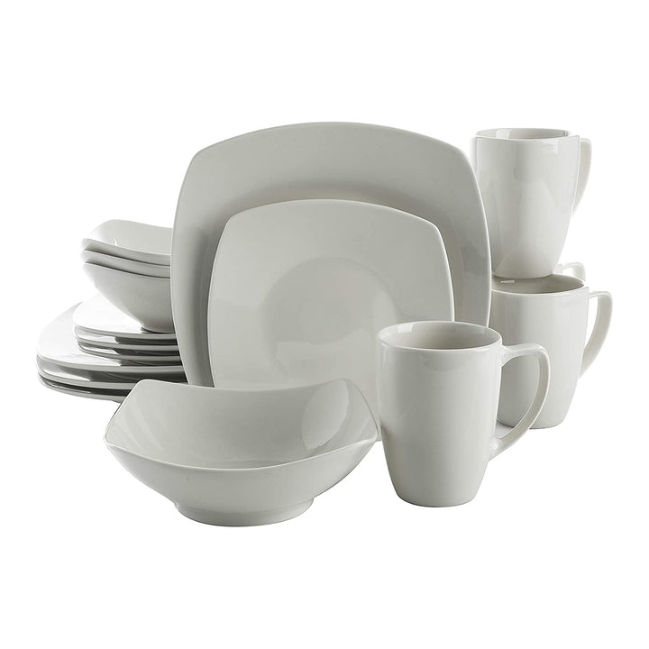 Gibson Zen Buffet 16 Piece Square Plates, Bowls, and Mugs Set, White (Open Box) - VMInnovations