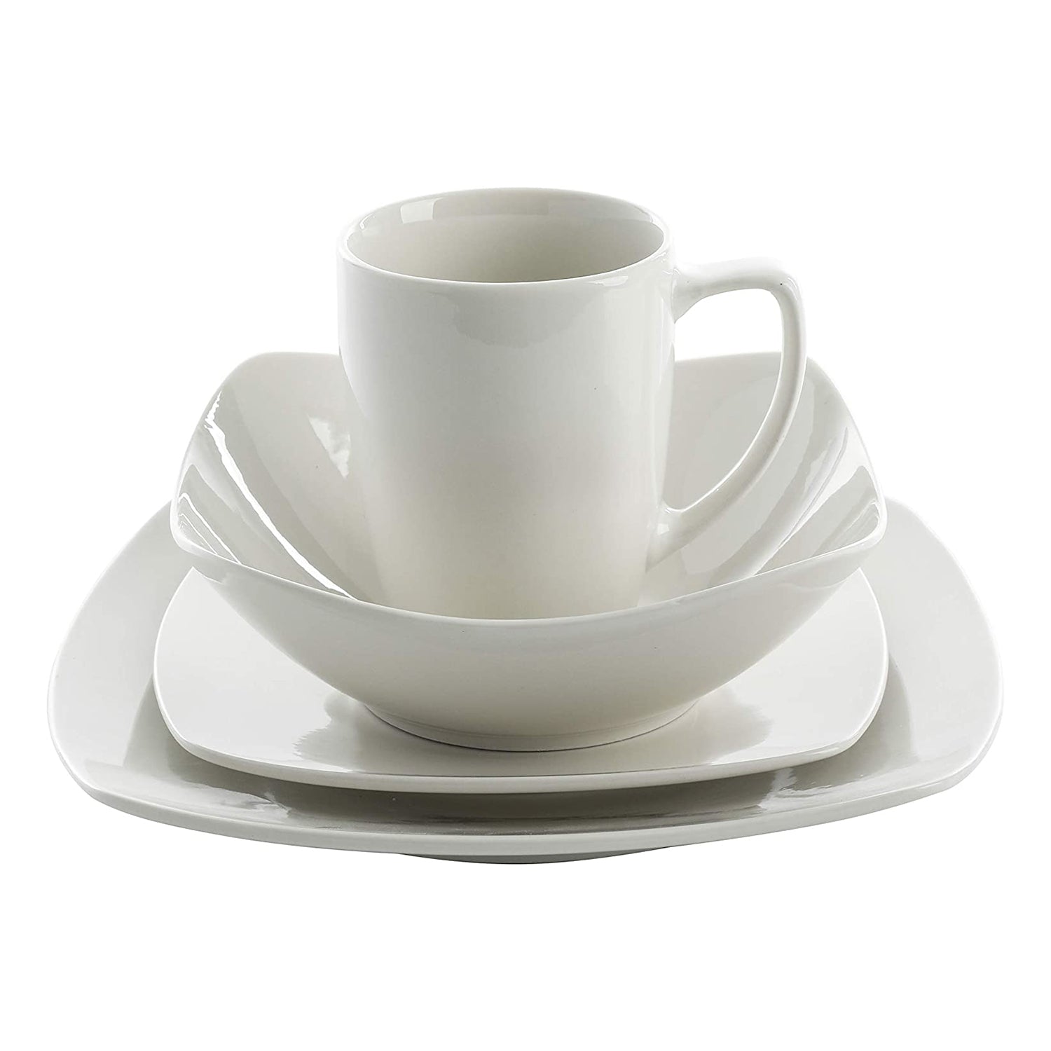 Gibson Zen Buffet 16 Piece Square Plates, Bowls, and Mugs Dinnerware Set, White