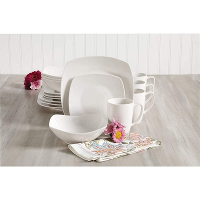 Gibson Zen Buffet 16 Piece Square Plates, Bowls, and Mugs Set, White (Open Box) - VMInnovations