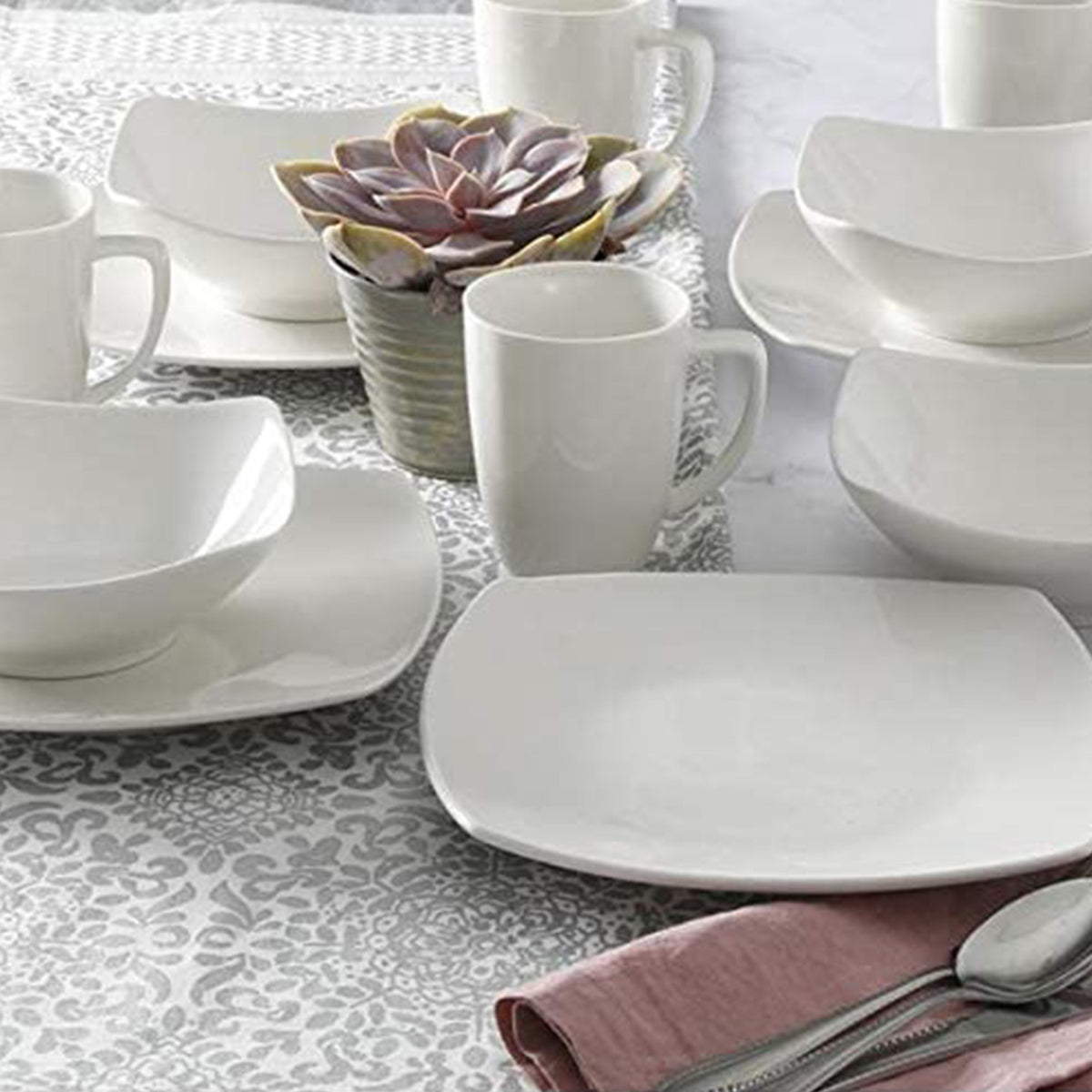 Gibson Zen Buffet 16 Piece Square Plates, Bowls, and Mugs Dinnerware Set, White