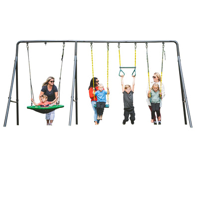 gobaplay Adventure Kids Swing Set, Outdoor Playground w/Frame, Swings, & Trapeze