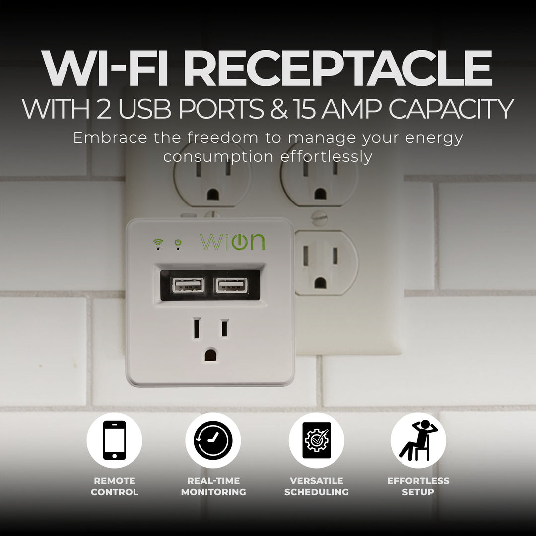 Wion 15 Amp Grounded WiFi Receptacle, 2 USB Ports, On/Off Settings (Open Box)