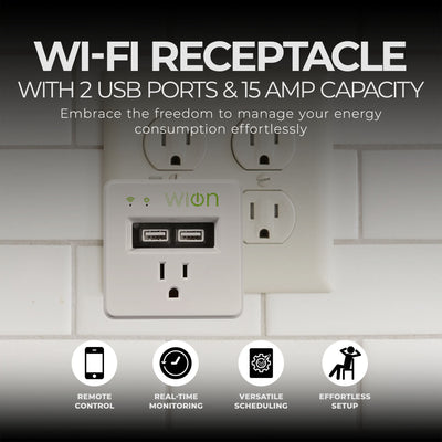 Wion 15 Amp Grounded WiFi Receptacle, 2 USB Ports, On/Off Settings (Open Box) - VMInnovations