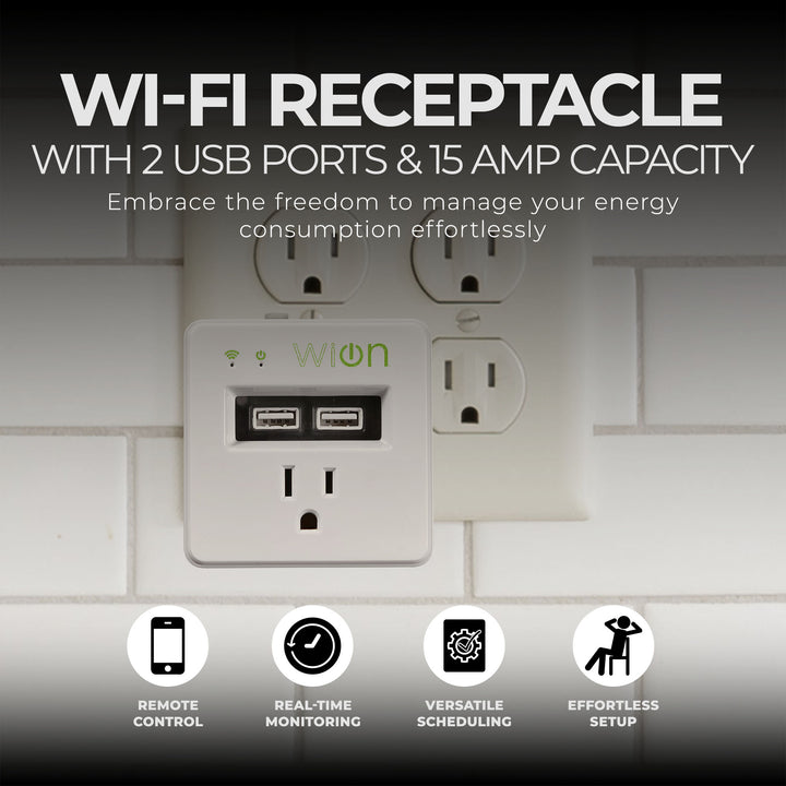 Wion 15 Amp Grounded WiFi Receptacle, 2 USB Ports, On/Off Settings (Open Box)