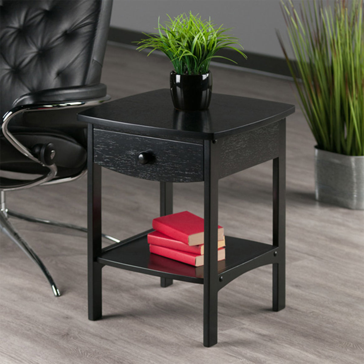 Winsome 22 Inch Tall Wood Claire Curved End Table Nightstand, Black (For Parts)