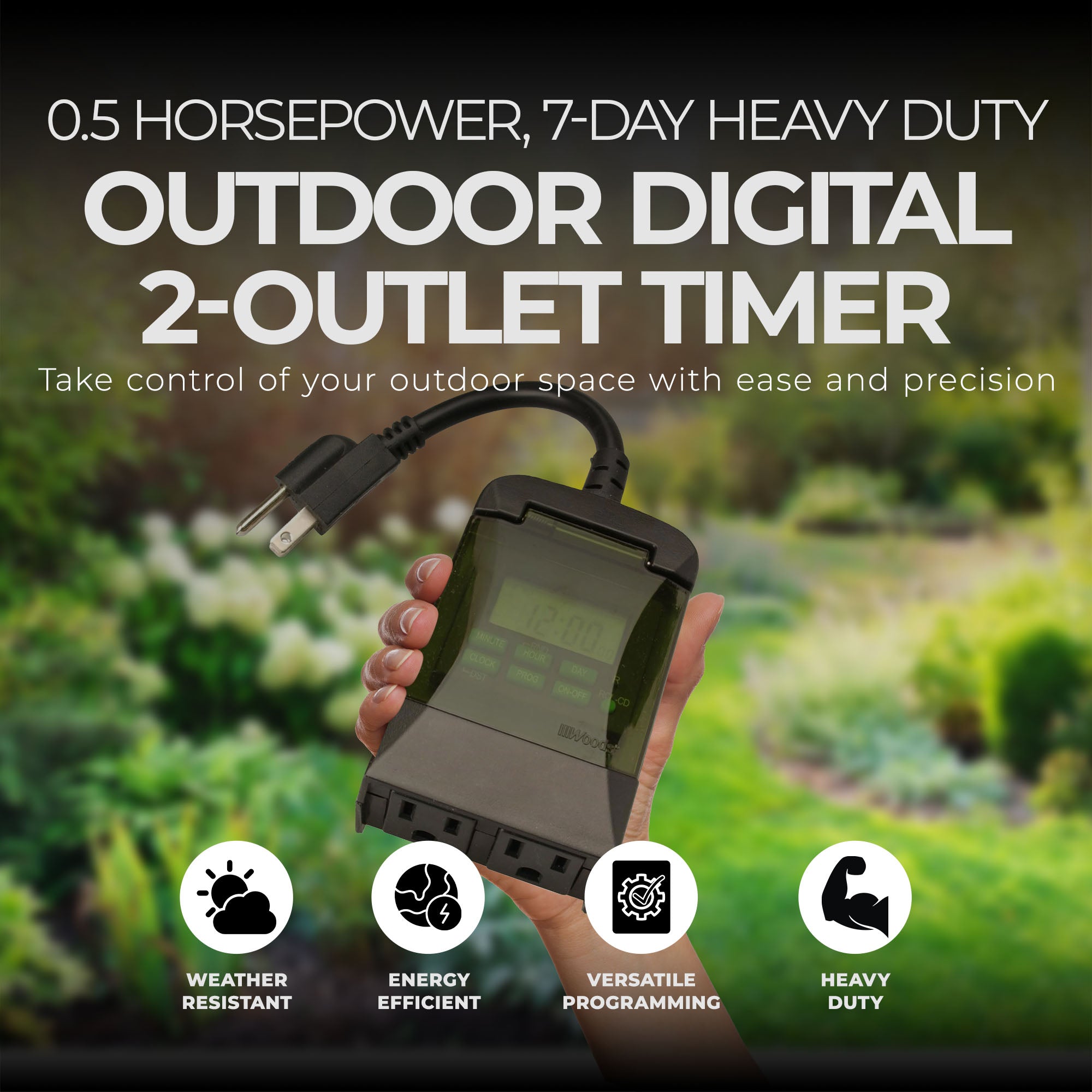 Woods 0.5 Horsepower Heavy Duty 7 Day Digital 2 Outlet Timer, Black (Open Box) - VMInnovations