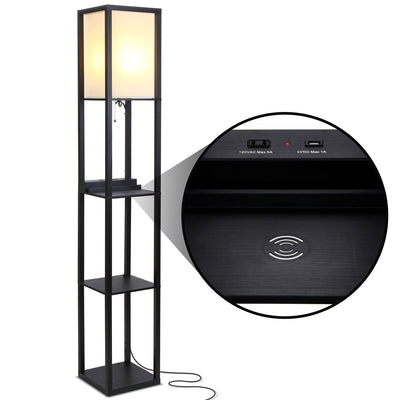 Brightech Maxwell Tower Floor Lamp with Shelves and Wireless Charging, Black